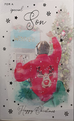 Son Christmas Card -Happy Christmas / Boy with Rudolph Jumper Playing Games