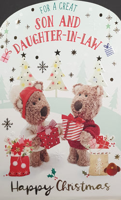 Son & Daughter in Law Christmas Card - Cute Teddies Exchanging Presents