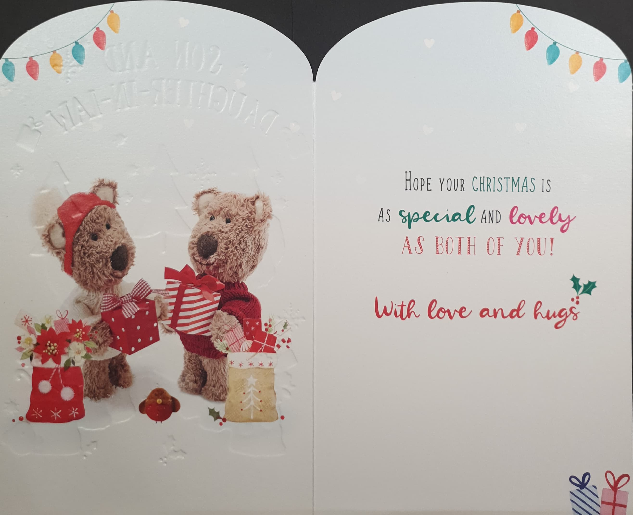 Son & Daughter in Law Christmas Card - Cute Teddies Exchanging Presents