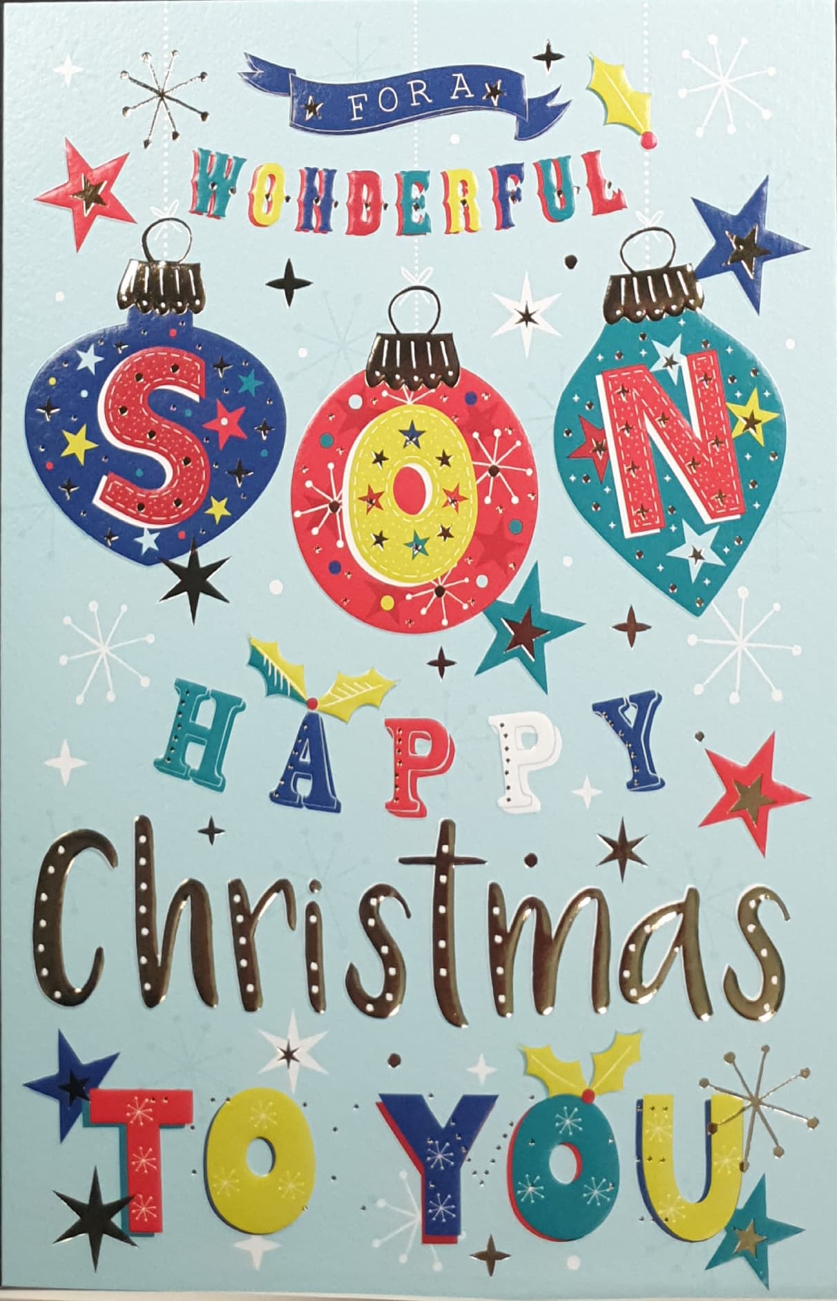 Son Christmas Card - Christmas Baubles & Snowflakes