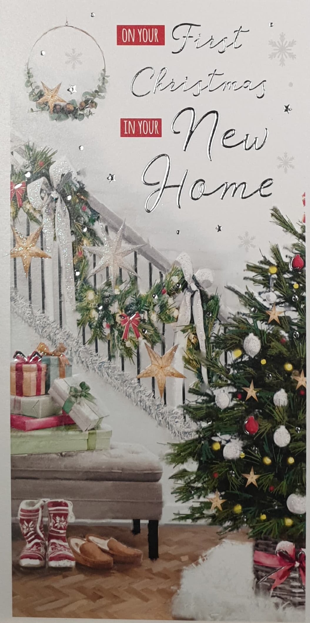 First Christmas In New Home Christmas Card - Decorated Stairs & Tree
