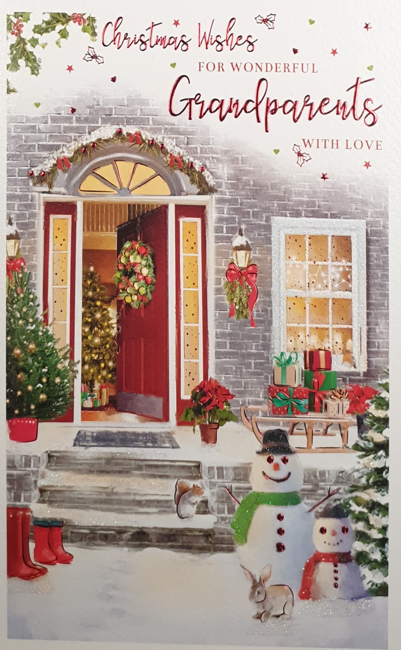 Grandparents Christmas Card - Happy Snowmen by Red Front Door