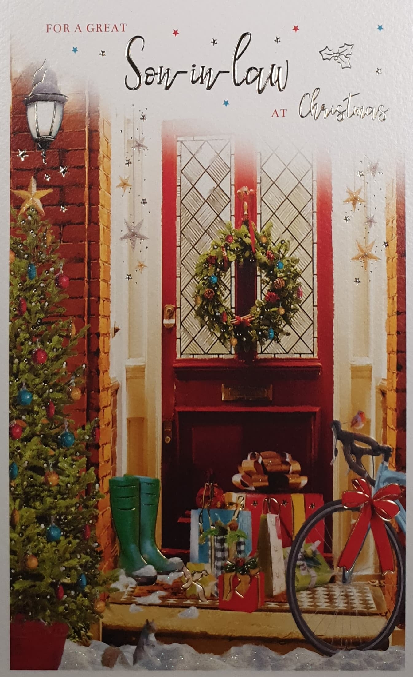 Son in Law Christmas Card - Decorated Front Door with Bicycle