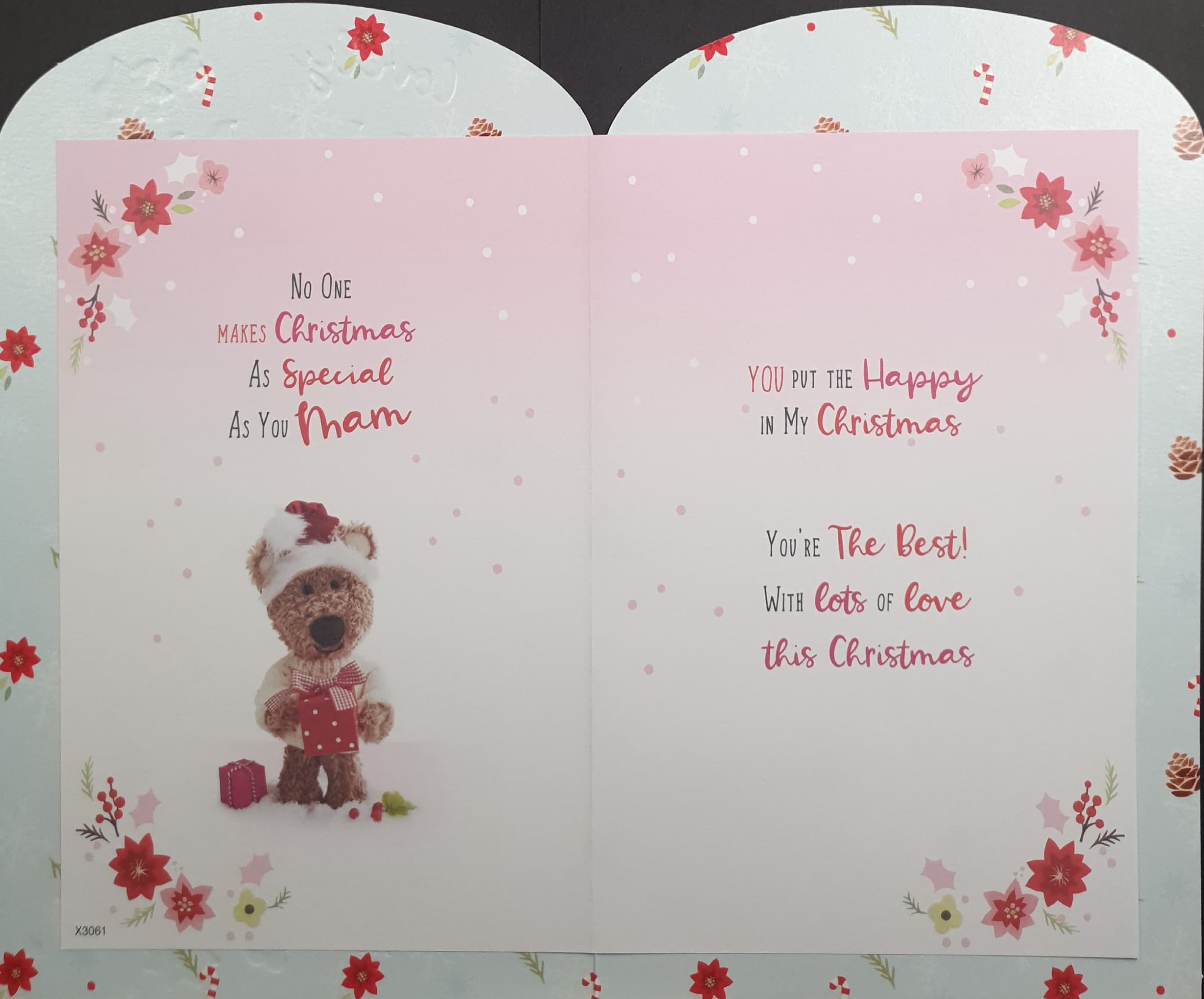 Mam Christmas Card - Cute Teddy Holding Gift Box & Floral Border