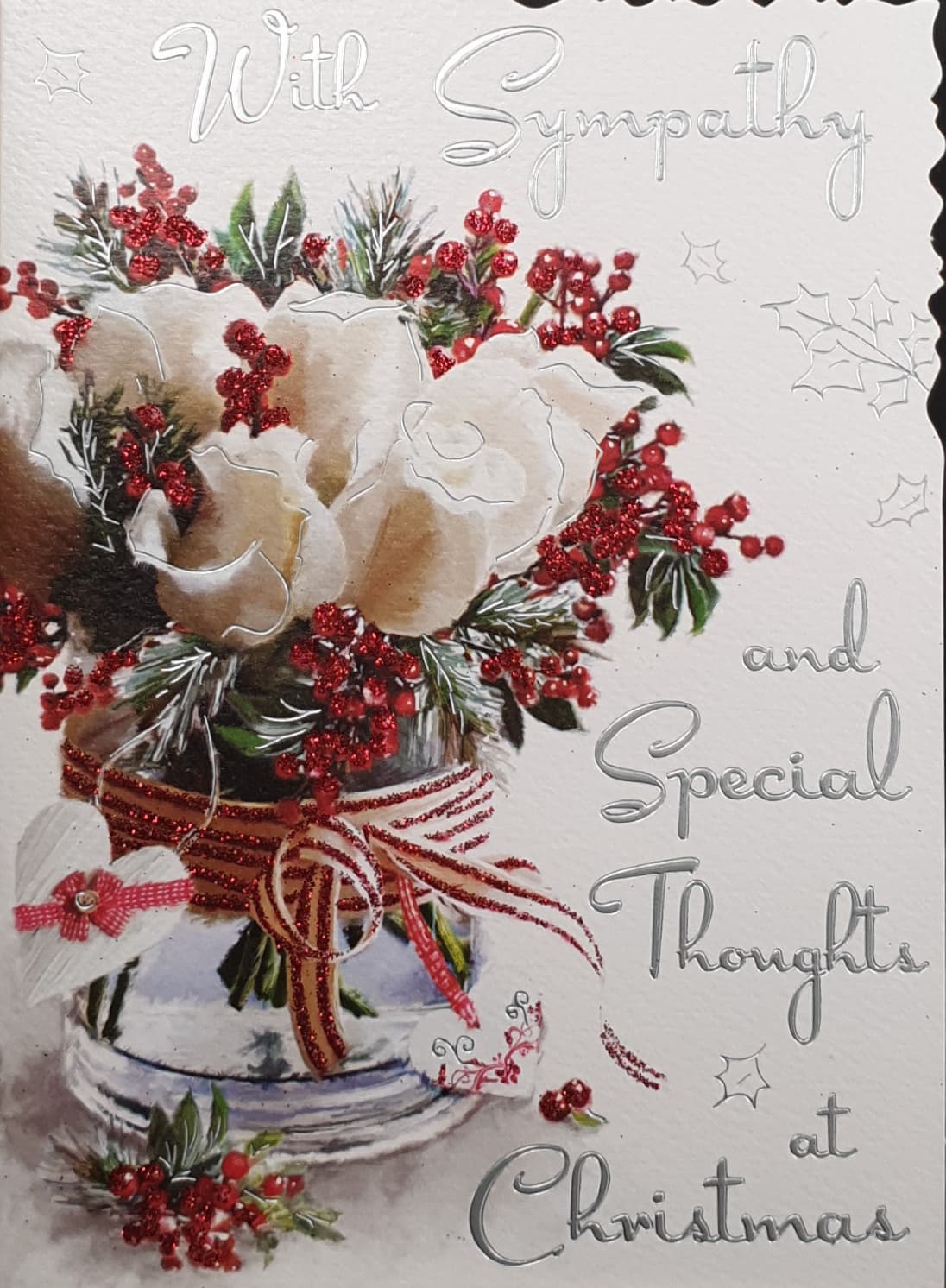 Sympathy Christmas Card - Special Thoughts / White Roses & Berries