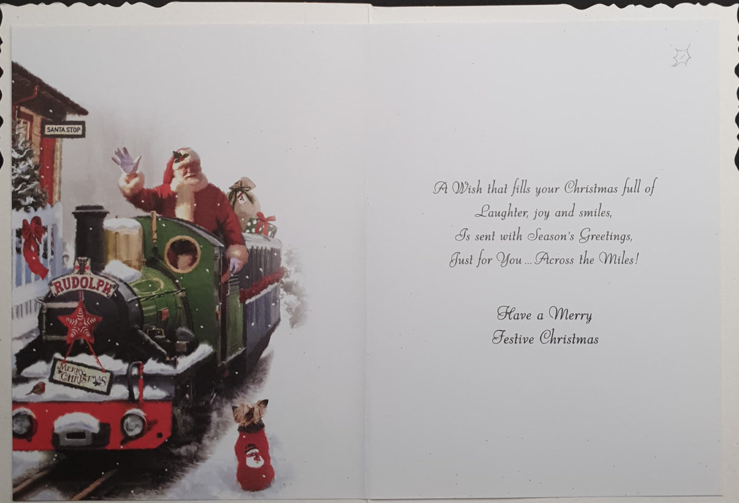 Across The Miles Christmas Card - Santa Arriving on Green Train