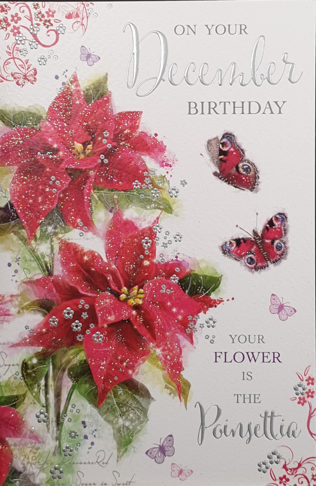 December Birthday Christmas Card - Poinsettia Flower & Butterflies