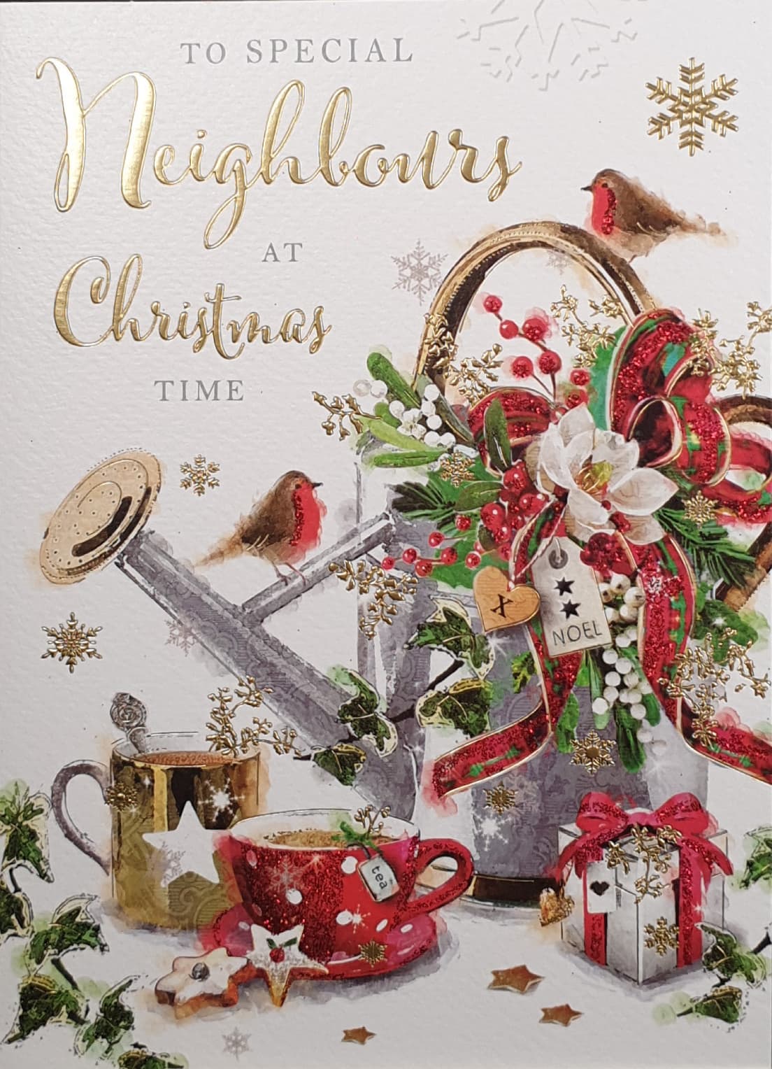 Neighbours Christmas Card - Christmas Decorations & Robins on Watering Can