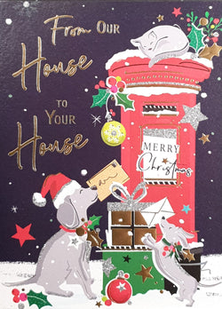 From Our House To Yours Christmas Card - Cute Dogs & Cat at Red Post Box