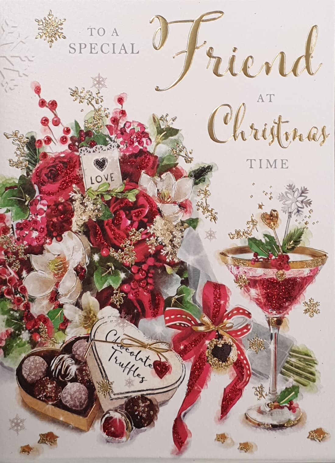 Friend Christmas Card - At Christmas Time / cocktail, Chocolates & Roses