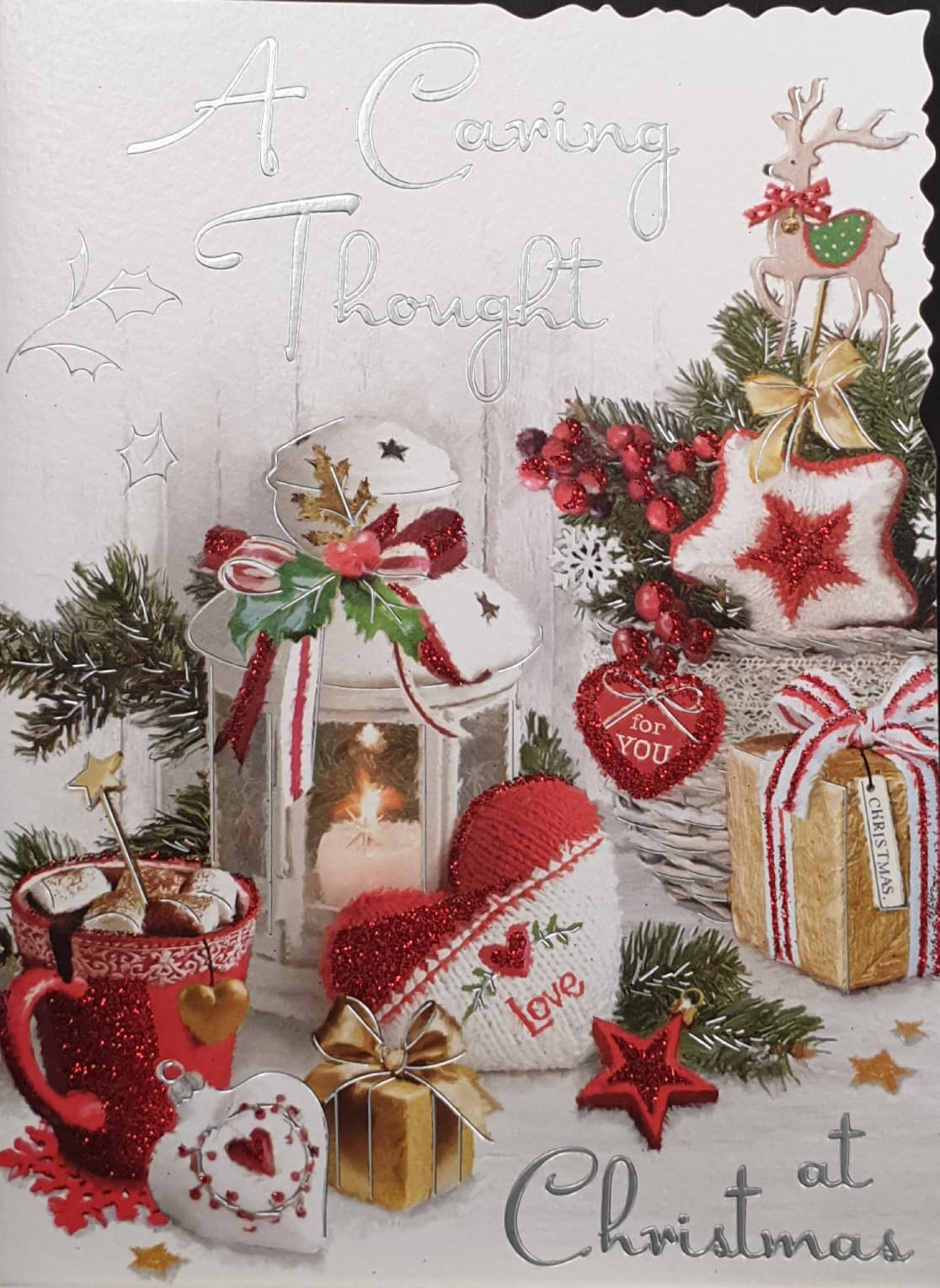 General Christmas Card - A Caring Thought / Red & White Christmas Decorations