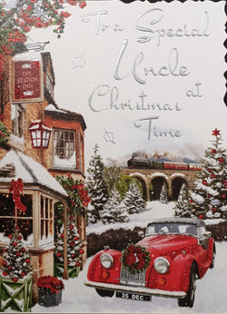 Uncle Christmas Card - Classic Red Car in Snow Beside Cosy Building