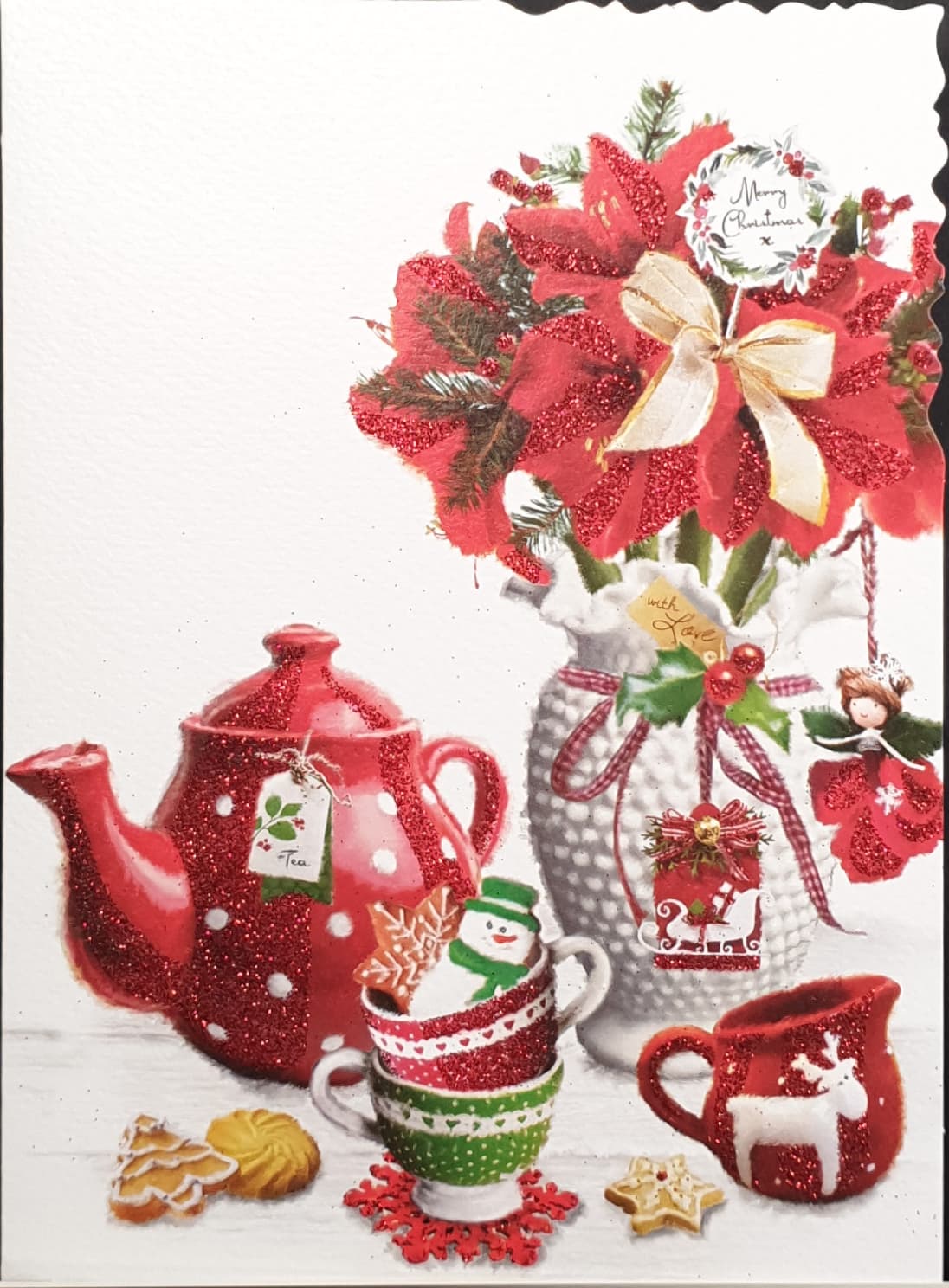 Auntie Christmas Card - Red Teapot Set & Sparkly Red Flowers