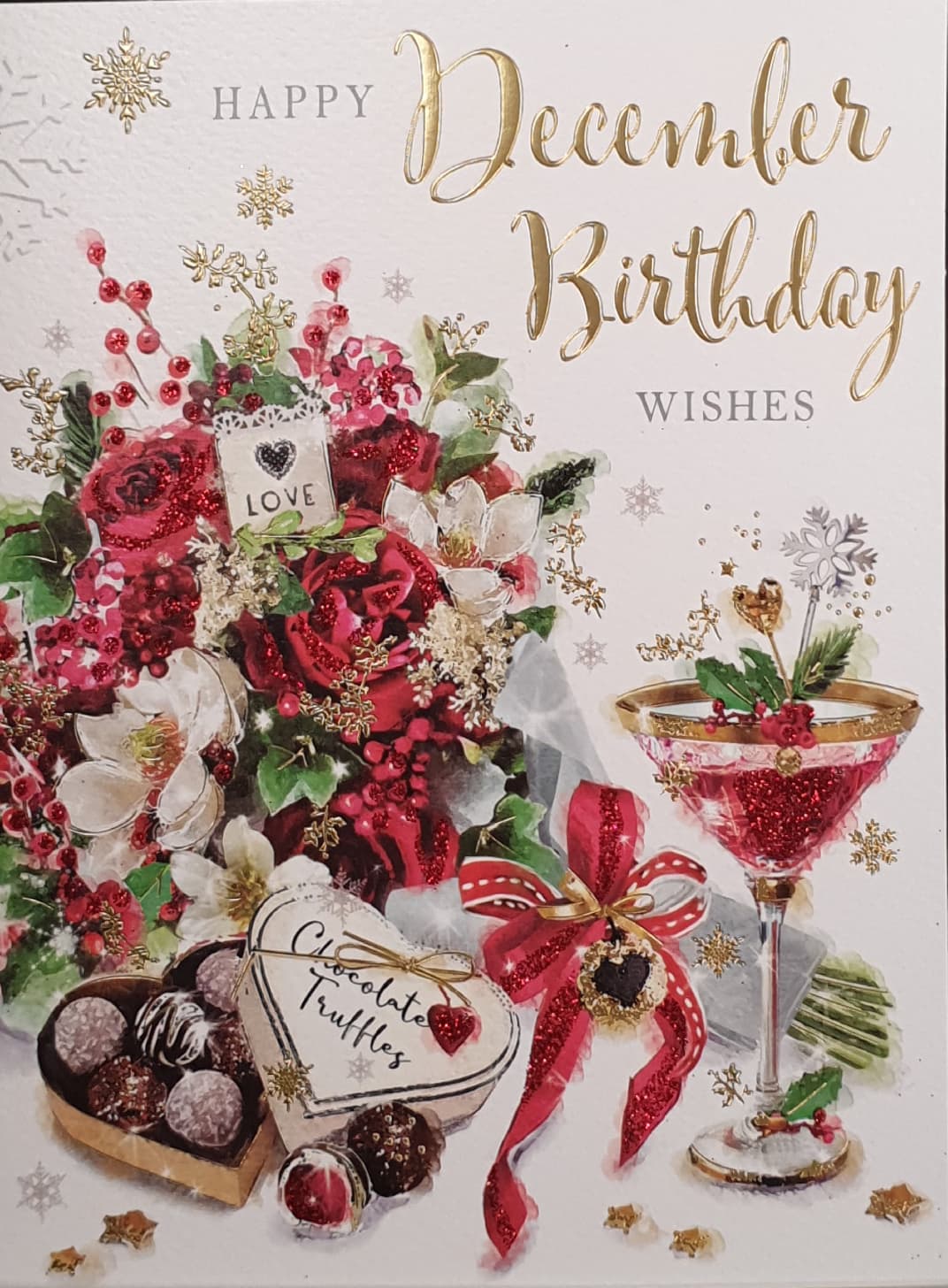 December Birthday Christmas Card - Red Cocktail with Roses & Chocolates