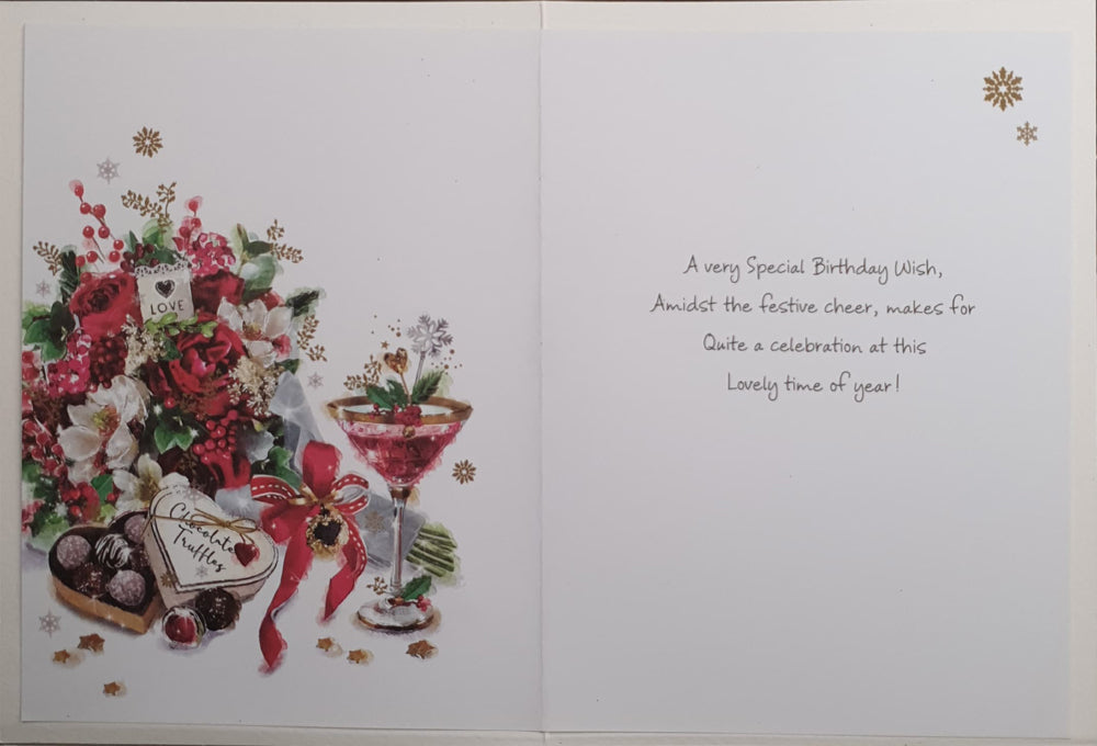 December Birthday Christmas Card - Red Cocktail with Roses & Chocolates