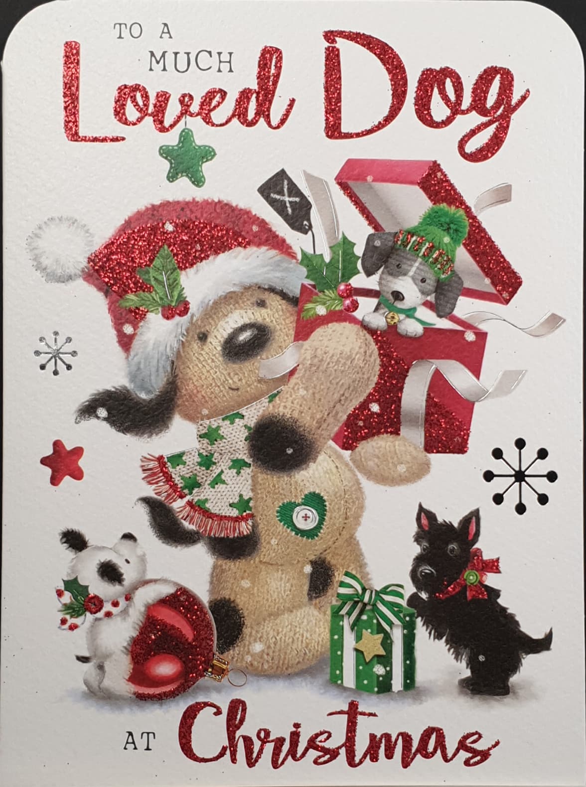 Pet Christmas Card - To A Much Loved Dog / Dog Teddy Holding Present