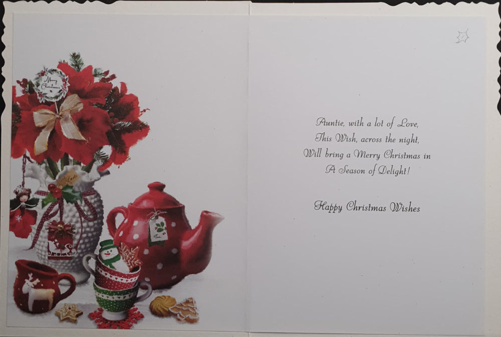 Auntie Christmas Card - Red Teapot Set & Sparkly Red Flowers