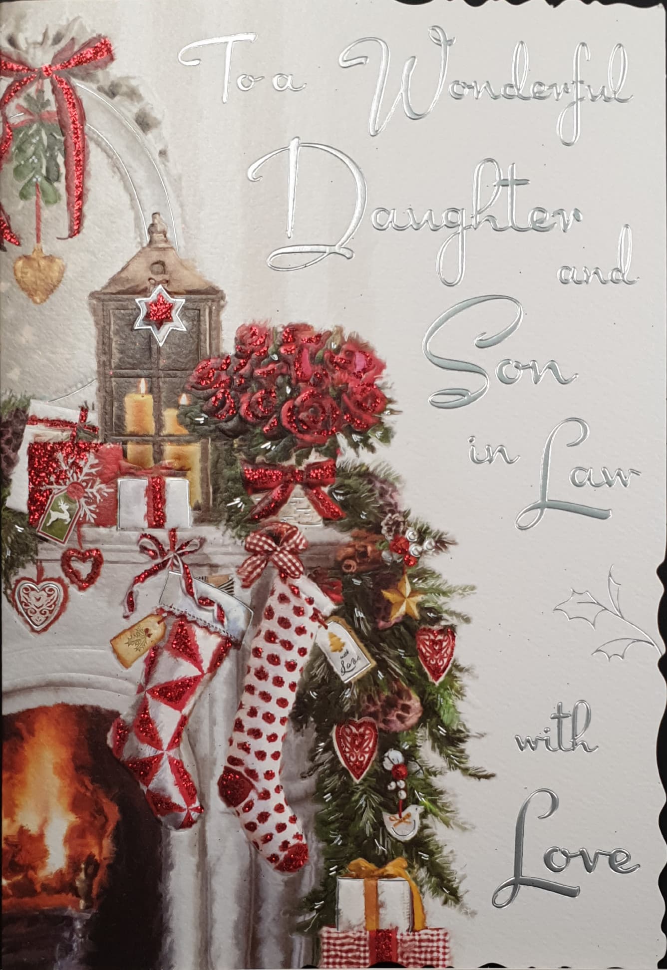 Daughter & Son in Law Christmas Card - Roses & Christmas Stockings on Mantelpiece