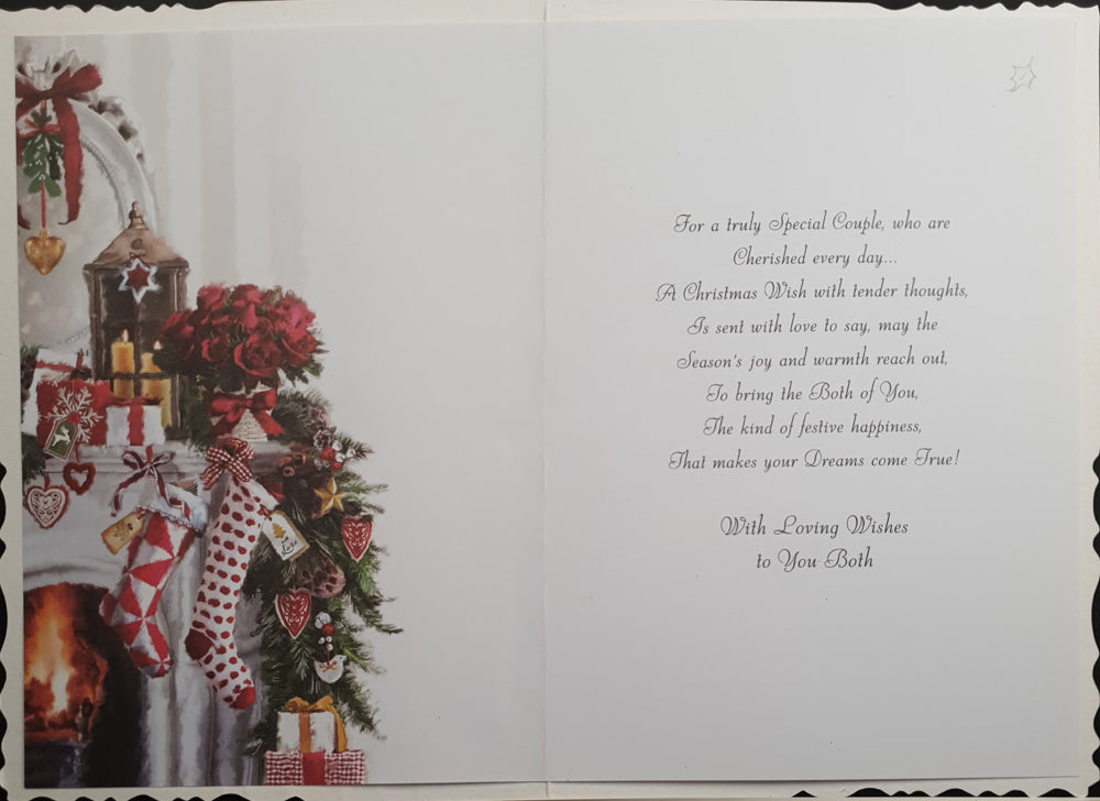 Daughter & Son in Law Christmas Card - Roses & Christmas Stockings on Mantelpiece