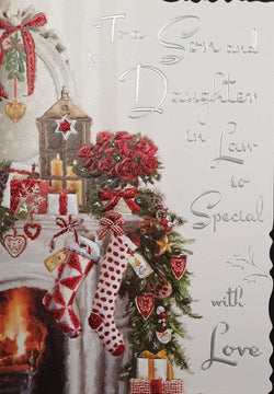 Son & Daughter in Law Christmas Card - Christmas Stockings By Fireplace