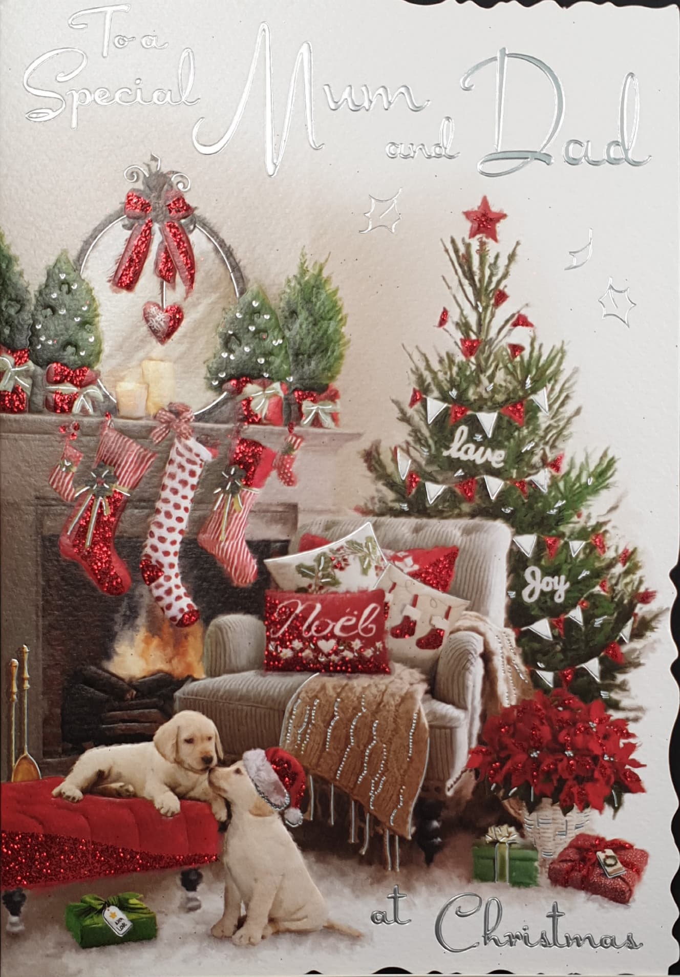 Mum and Dad Christmas Card - Puppies & Stockings by Fireplace