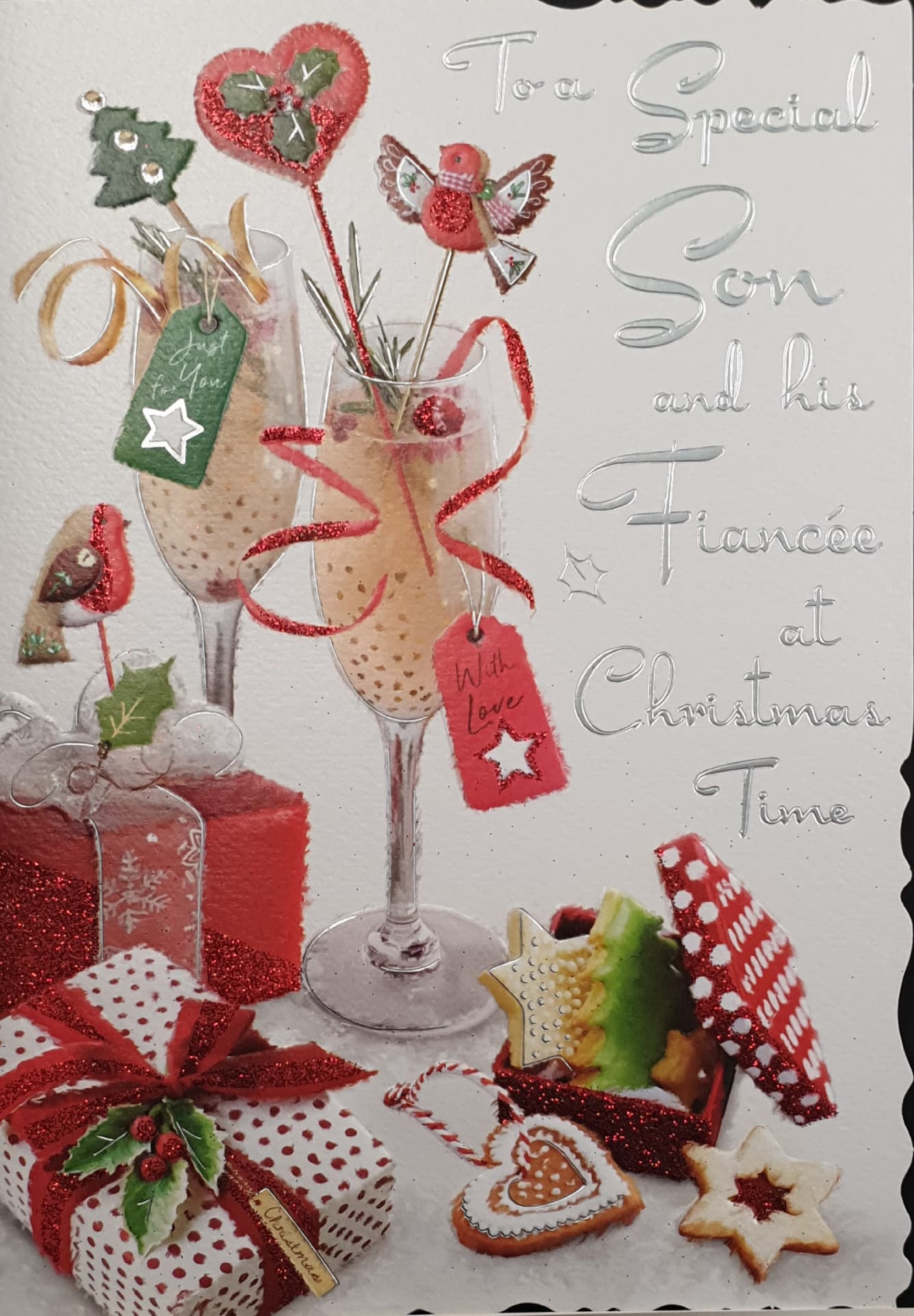 Son and his Fiancee Christmas Card - Champagne , Gifts & Ribbons
