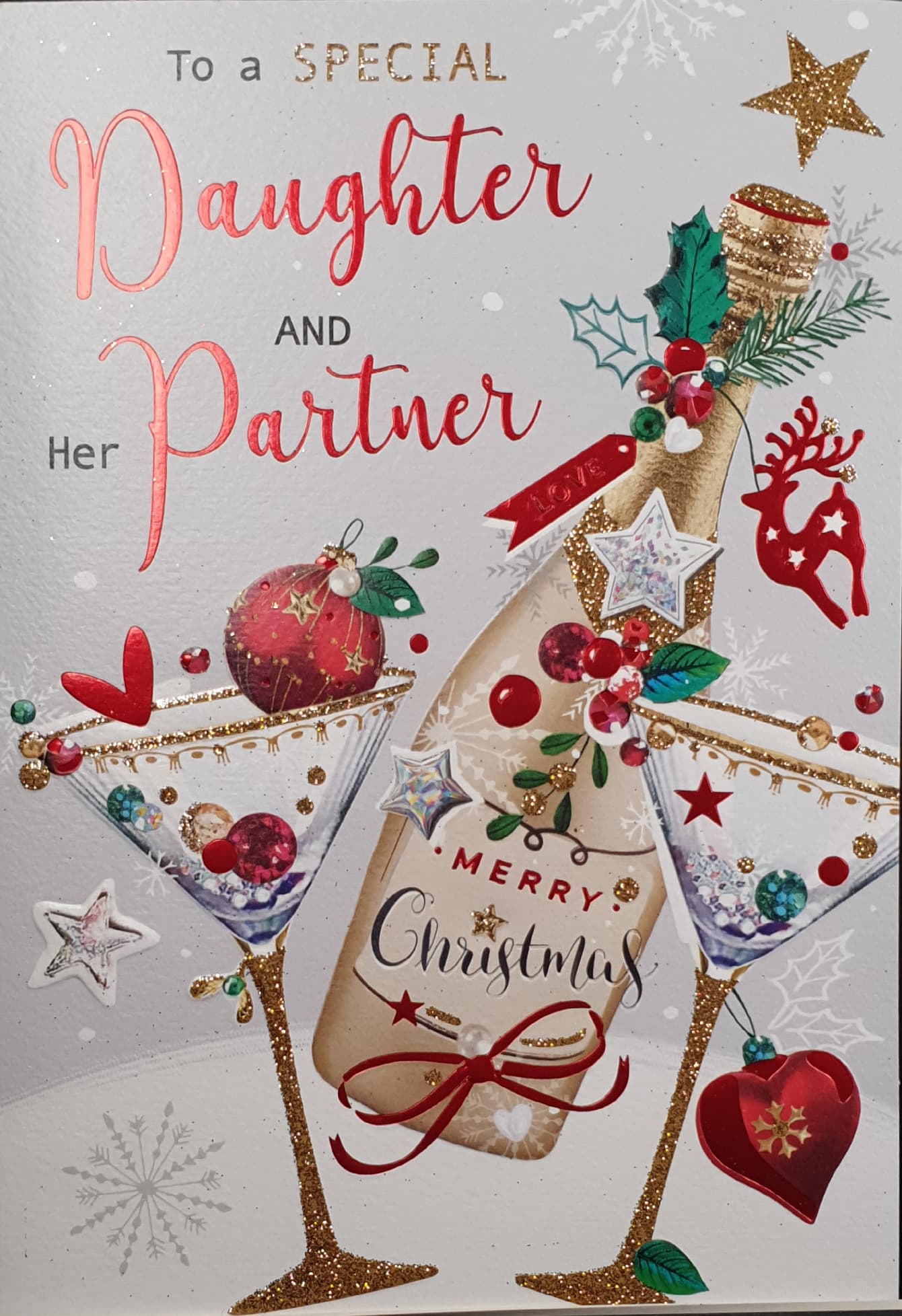 Daughter & Her Partner Christmas Card - Champagne & Decorated Sparkly Glasses