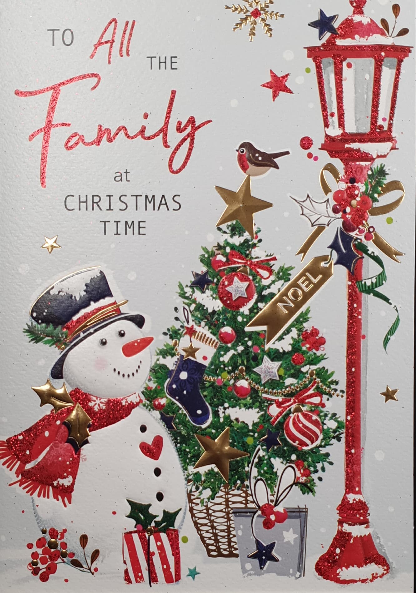 All The Family Christmas Card - Robin on Christmas Tree & Happy Snowman