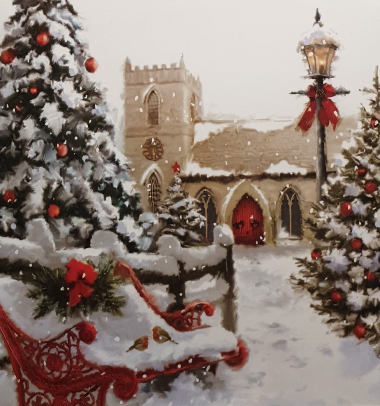 Christmas Card / With Sound - Snowy Red Bench Outside Church