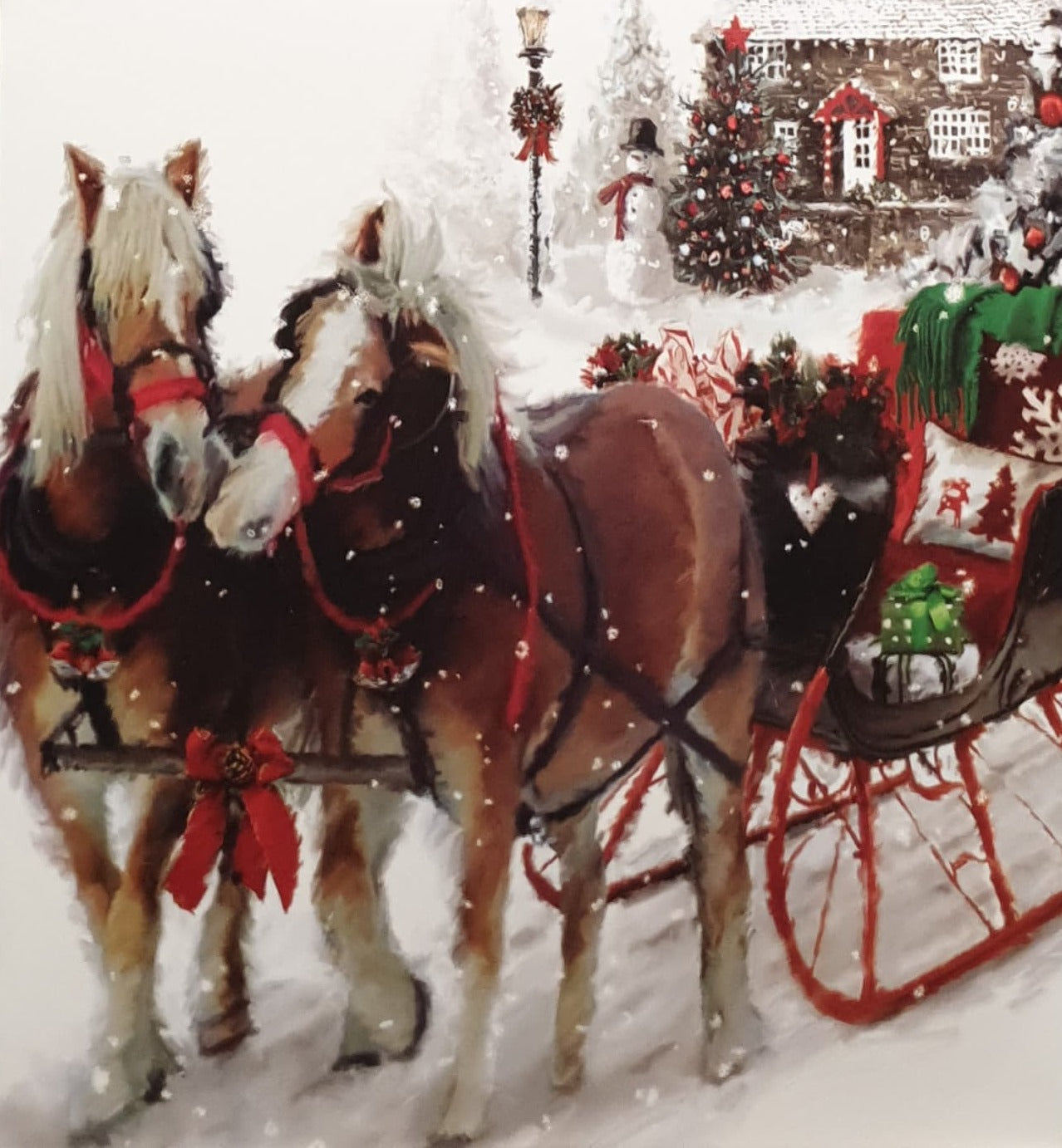 Christmas Card / With Sound - Two Horses Pulling Sled in Snow