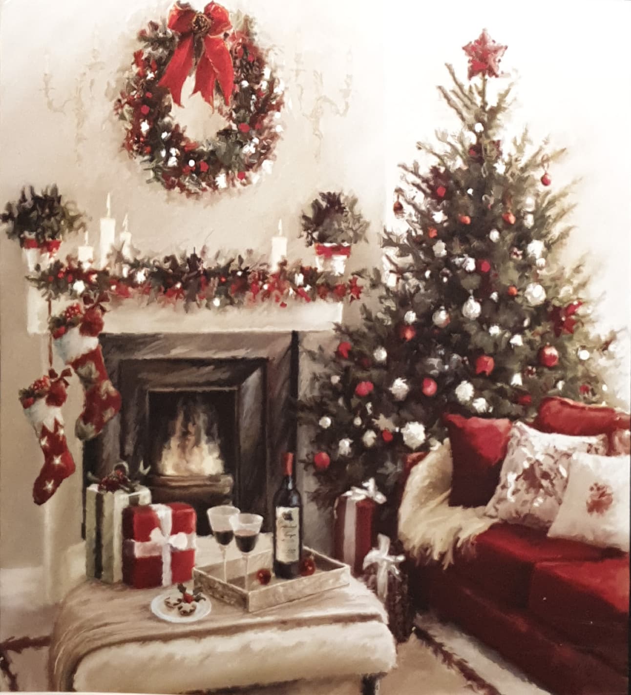 Christmas Card / With Sound - Christmas Tree & Wine Beside Fireplace
