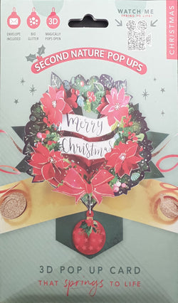 Pop Up Christmas Card - Merry Christmas - Red Flowers in Wreath & Red Bauble