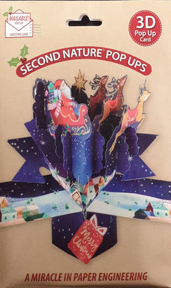 Pop Up Christmas Card - Merry Christmas / Santa in Sleigh Going Over Houses