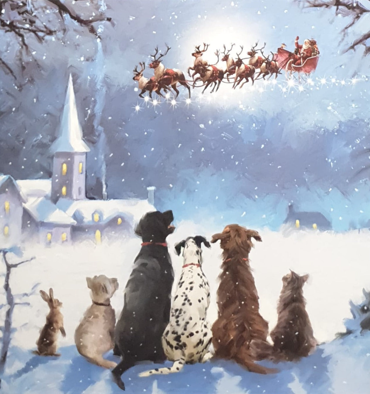 Charity Christmas Cards - Pack of 8 / Down Syndrome Ireland - Dogs Watching Sleigh