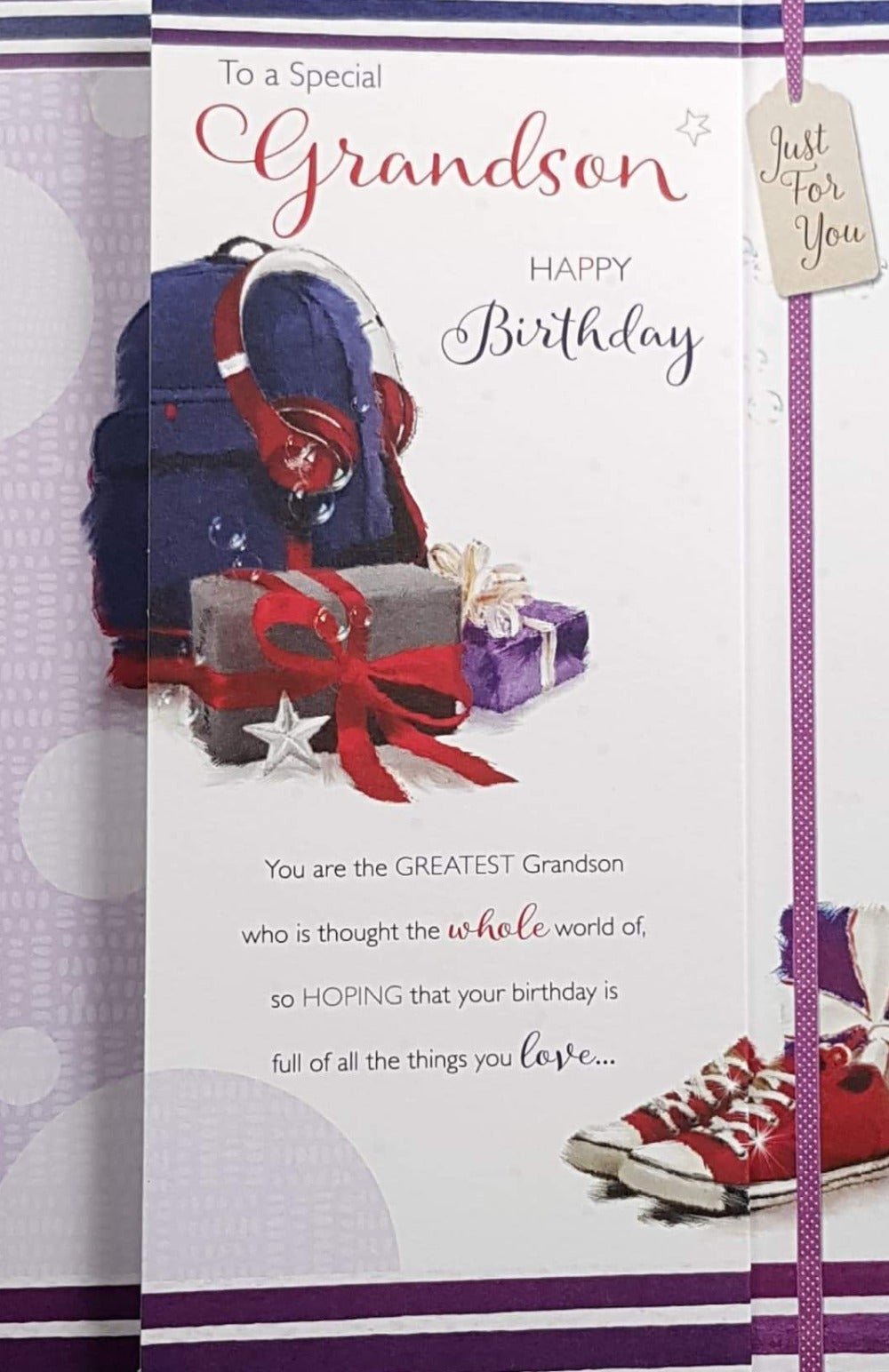 Birthday Card - Grandson / Blue Backpack & Read Headphones & Gifts