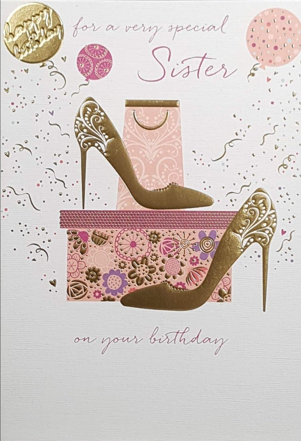 Birthday Card - Sister / Pair Of Gold Elegant Shoes & Gift Box