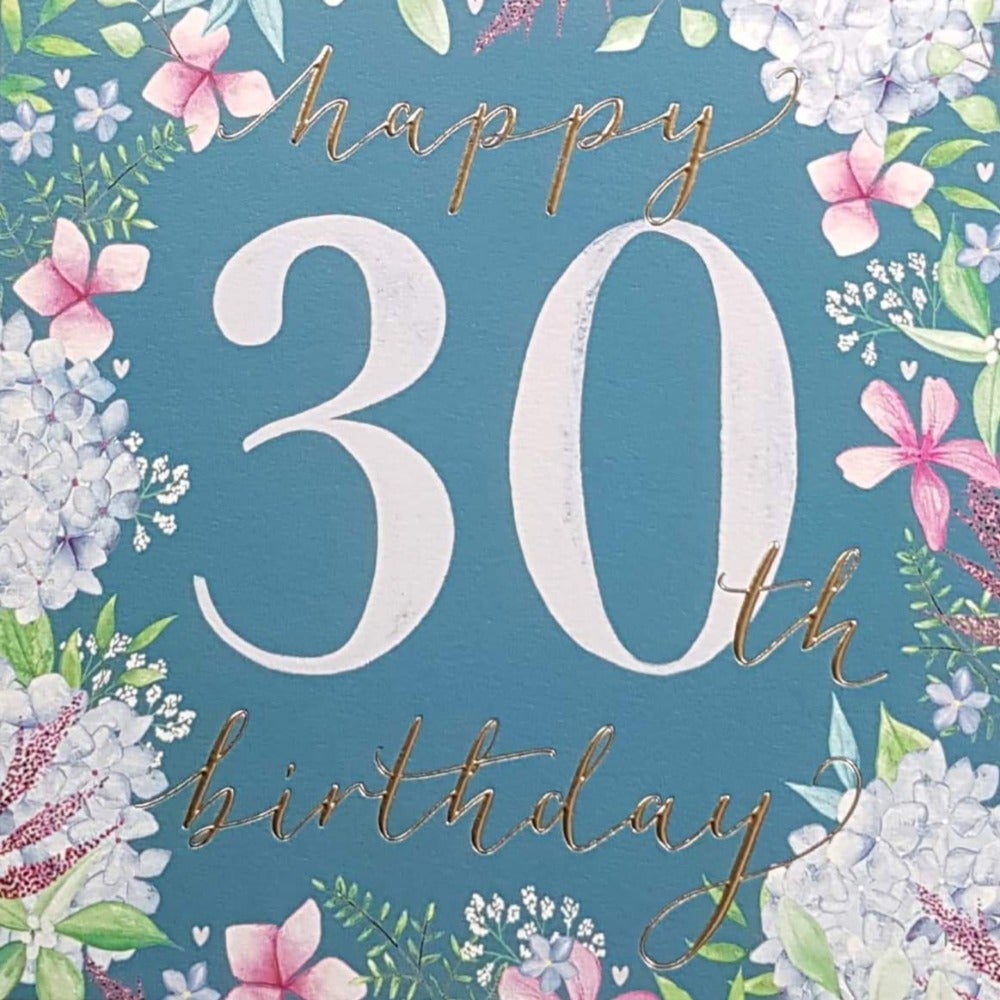 Age 30 Birthday Card - Big White Number 30 & Floral Corners