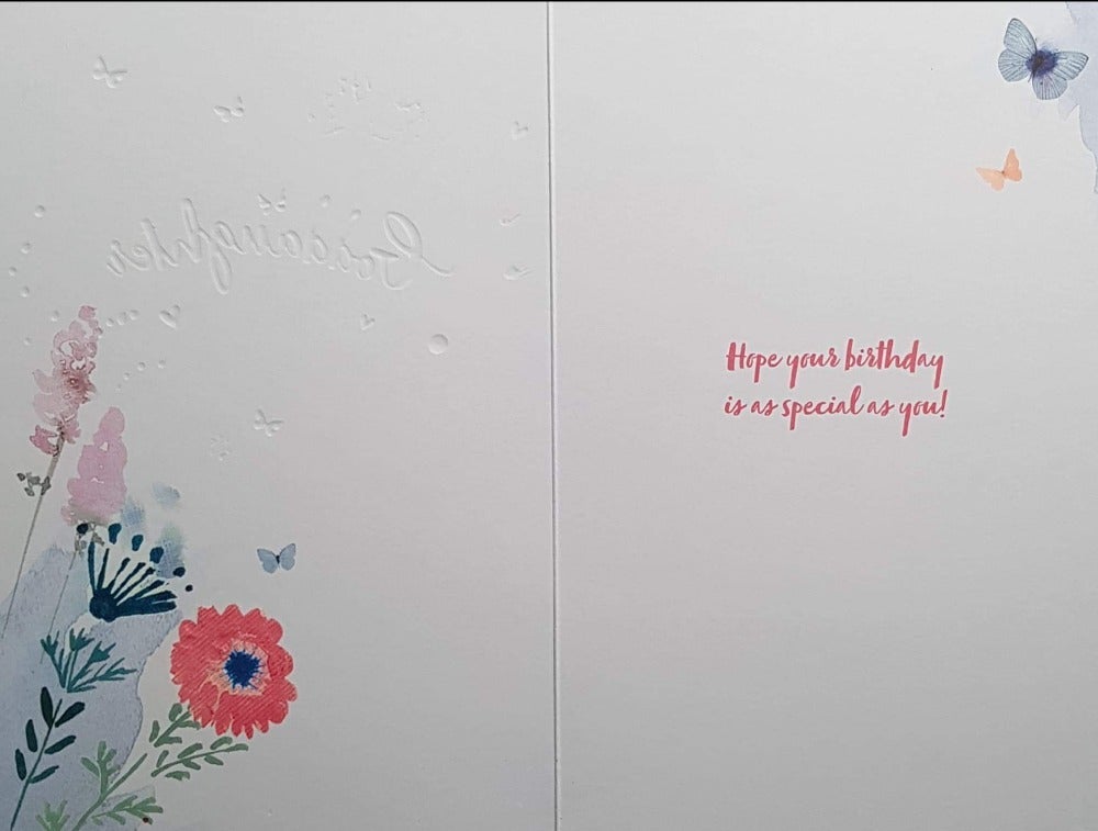 Birthday Card - Goddaughter / Panda Bear Catching The Butterflies & Nice Floral Motive