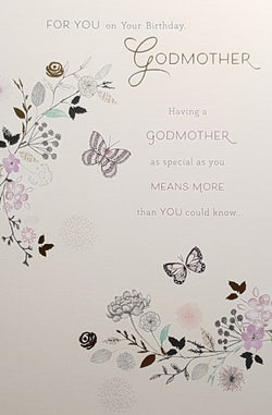 Birthday Card - Godmother / Flower And Butterflies