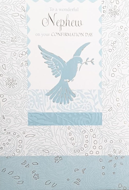 Confirmation Card - Nephew / Blue Dove Surrounded by Dotted Flowers