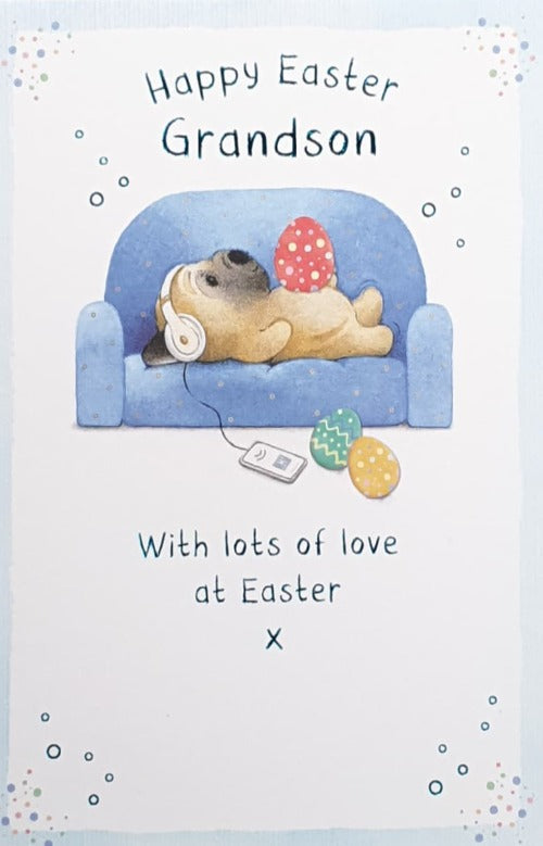 Grandson - Easter Card / Puppy Laying With Egg on His Belly & Listening to Music