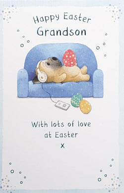 Grandson - Easter Card / Puppy Laying With Egg on His Belly & Listening to Music