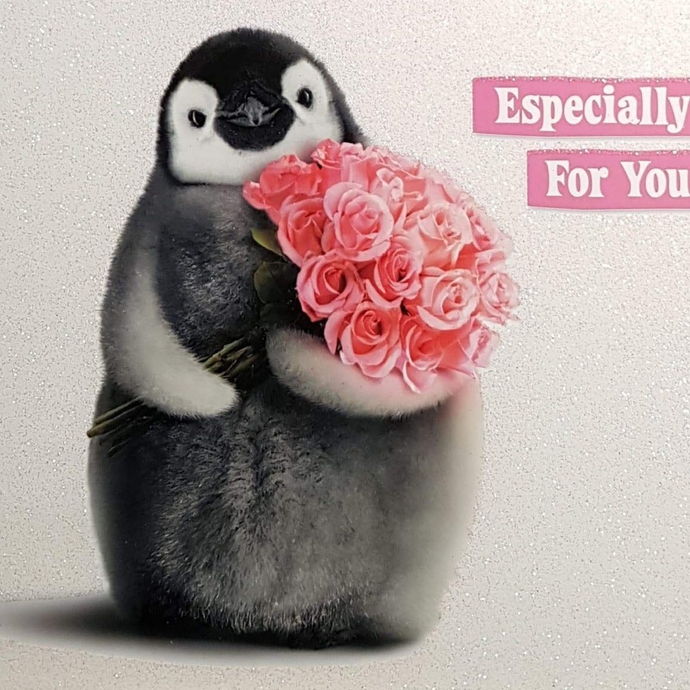 Birthday Card - For You / Penguin Holding Bunch Of Pink Flowers