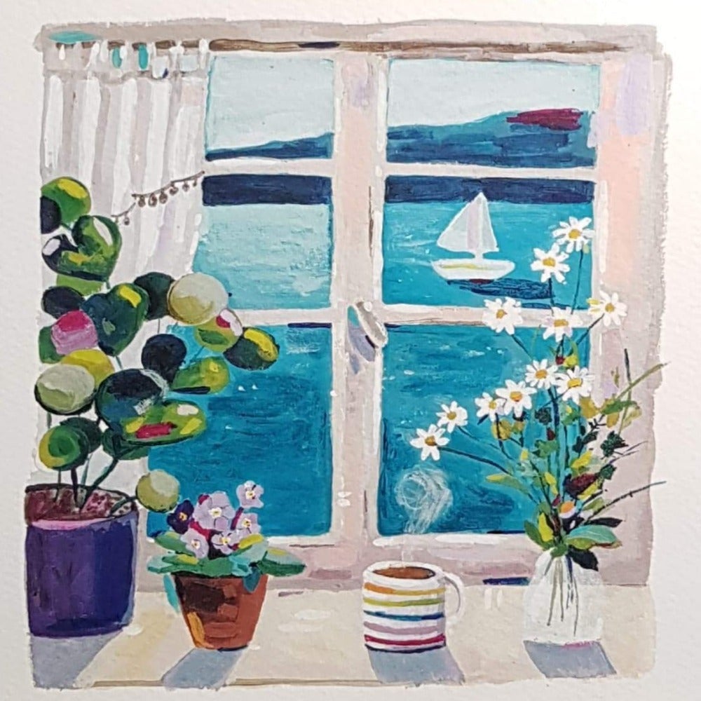 Blank Card - Lovely View of Plants, a Sailboat and the Sea