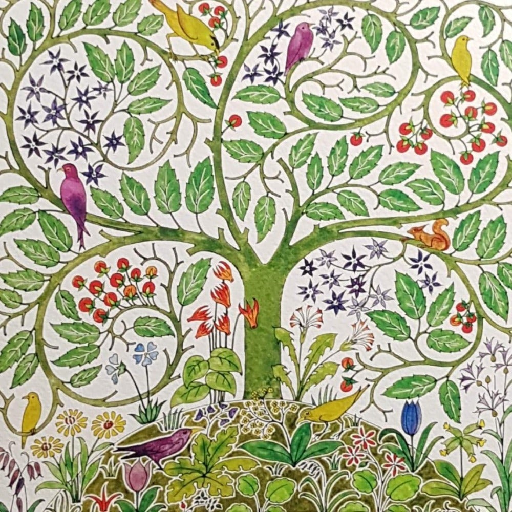 Blank Card - Green Tree, Flowers, Berries & Colourful Birds