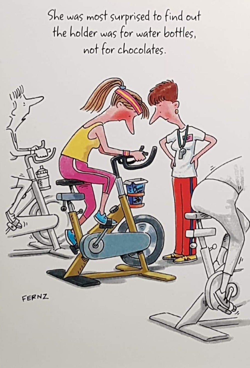 Birthday Card - Humour / Woman on Exercise Bike with Chocolates