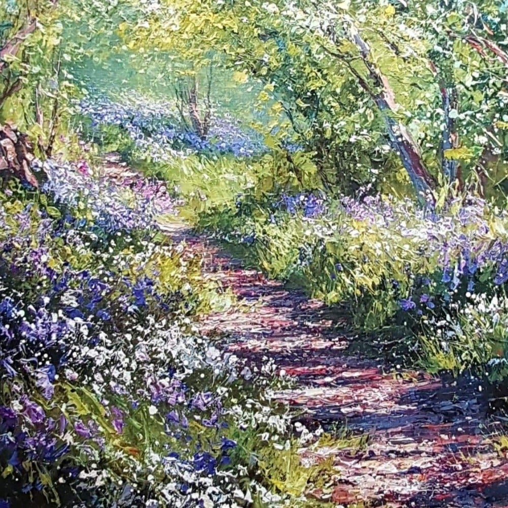Birthday Card - Pathway Through Trees & Purple Flowers