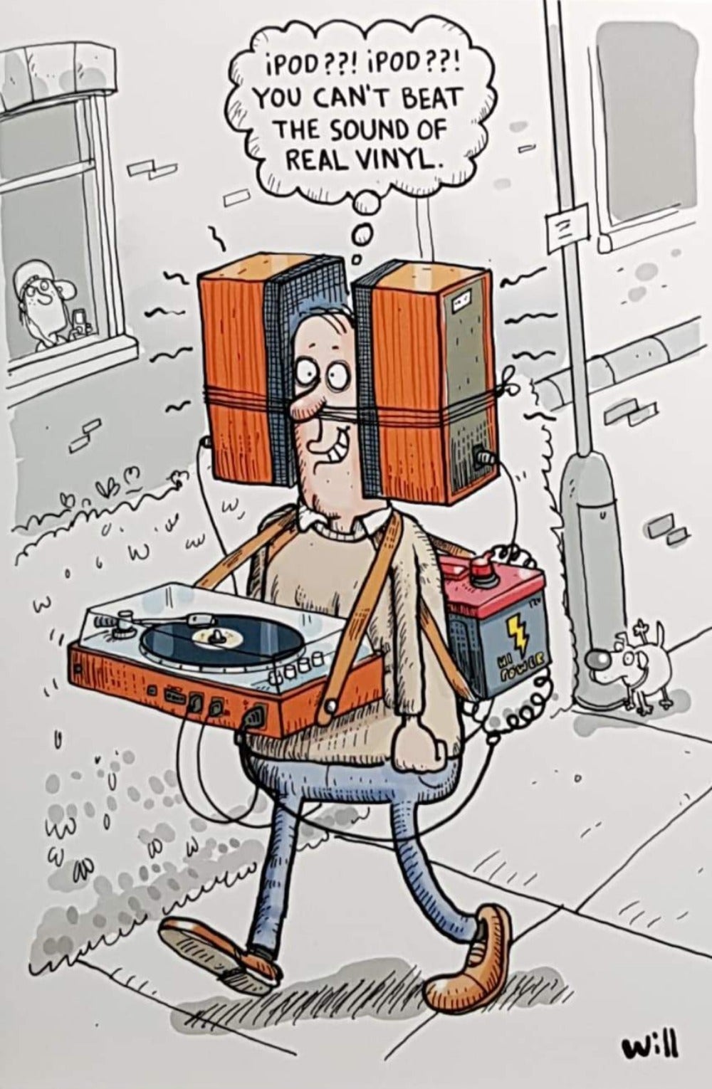 Birthday Card - Humour / Man Walking with Record Player