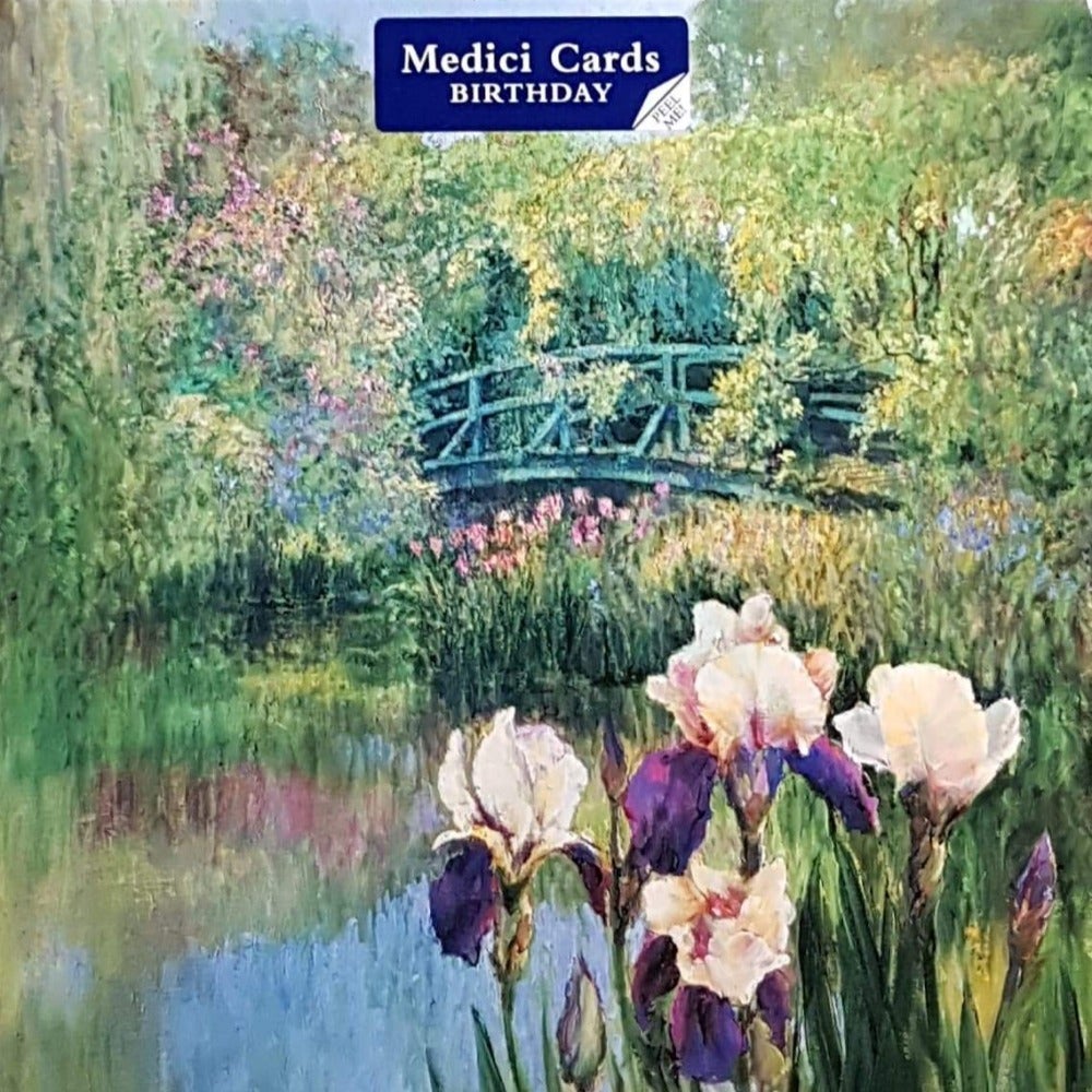 Birthday Card - View of Lake & Bridge Over Irises