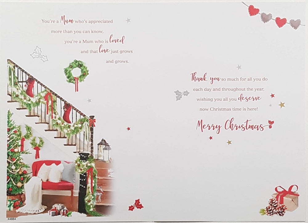 Mum Christmas Card - Stairs Festive Decorating & Presents Below The Chair